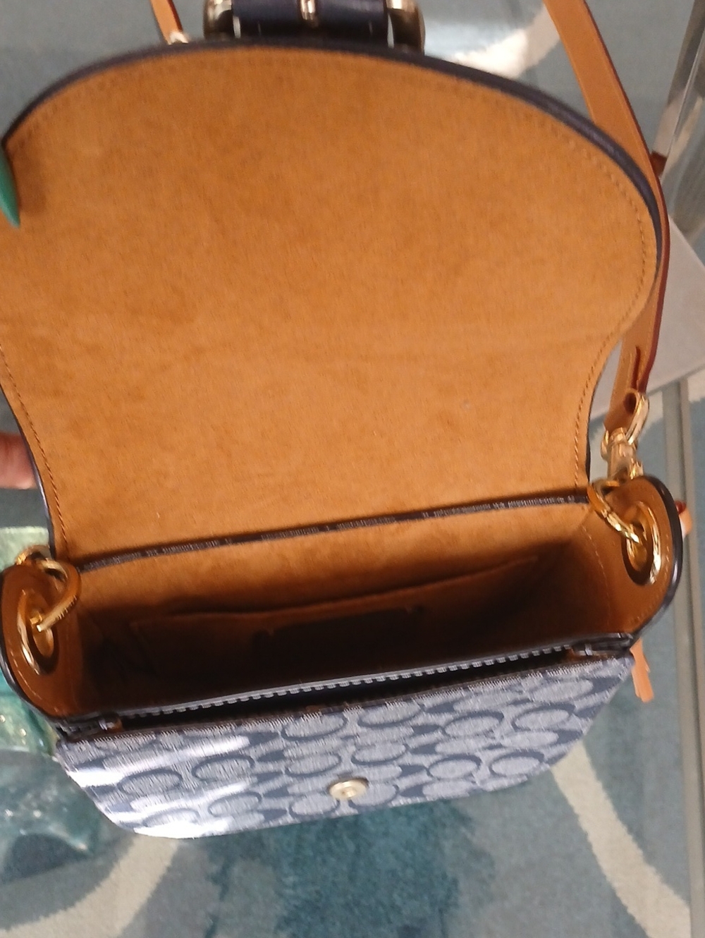 Coach Kleo Navy Signature Denim Crossbody with Tan Leather Strap and Tassel - Picture 9 of 10